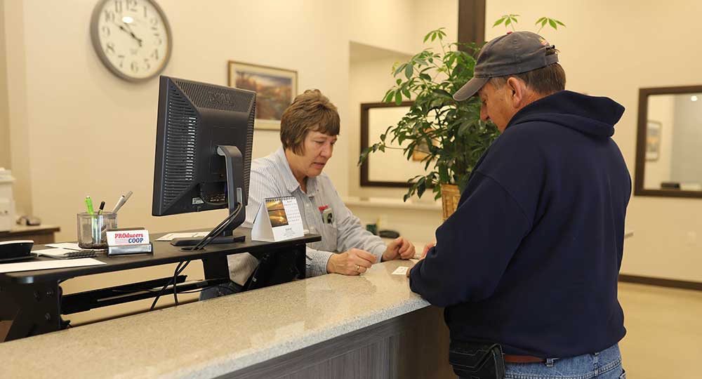 Customer service at Producers Coop location in Gaza, Iowa